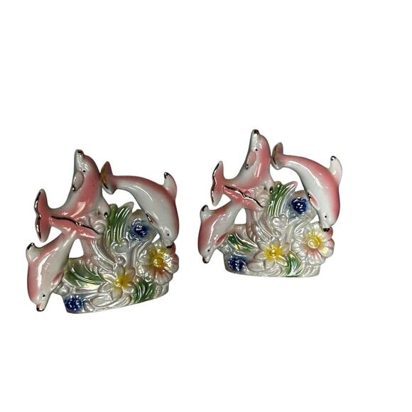 Vintage Set of 2 Iridescent Dolphins At Play Pink Floral Beachy Glass Figurines - Picture 1 of 5